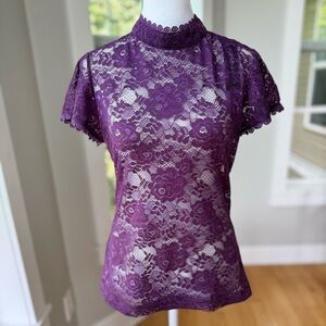 Allegra K Purple Violet Sheer Lace High Neck Short Sleeve Blouse Size Small NWT